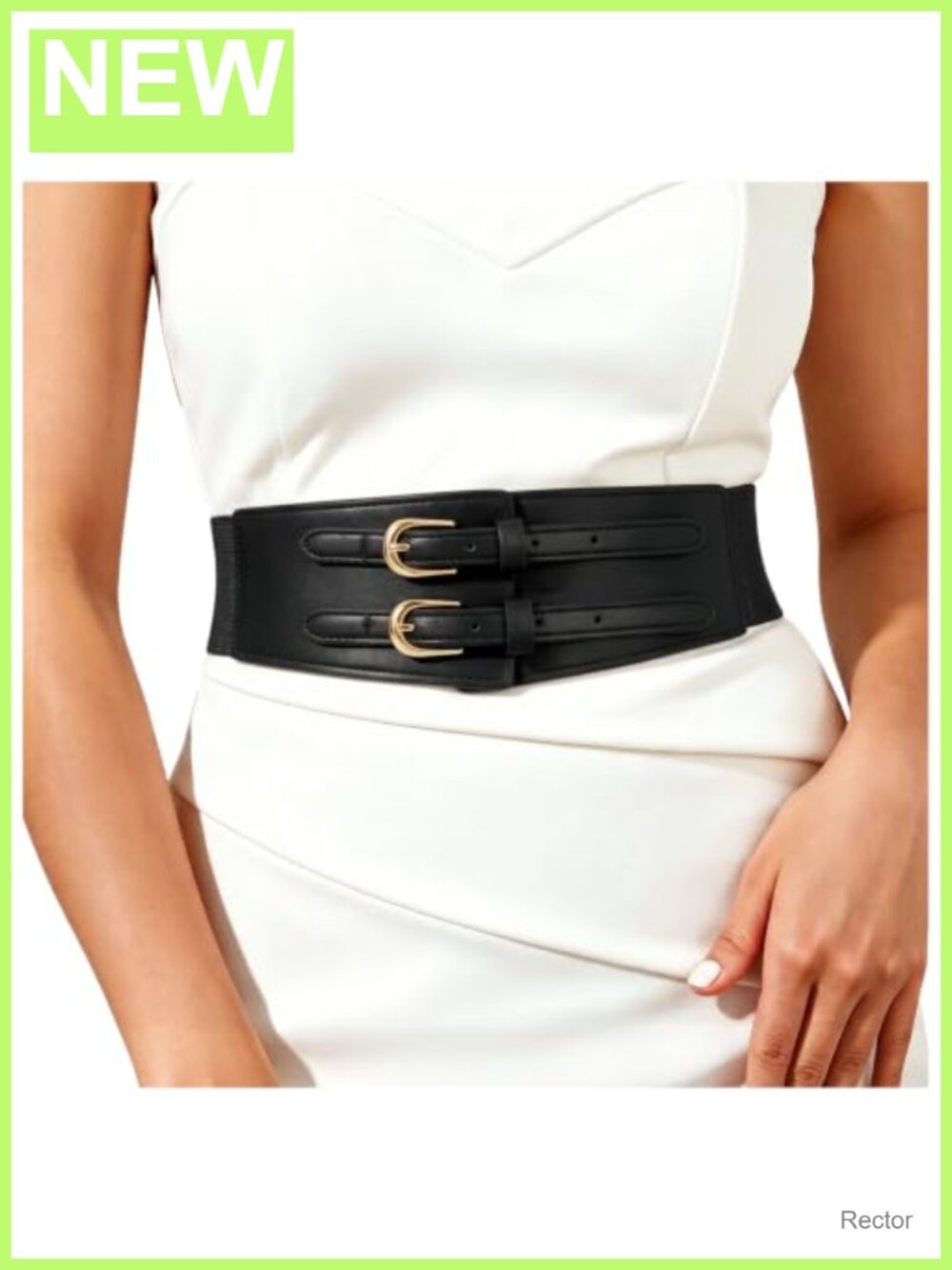 Women Wide Elastic Faux Leather Waist Belt with Double Gold Buckle